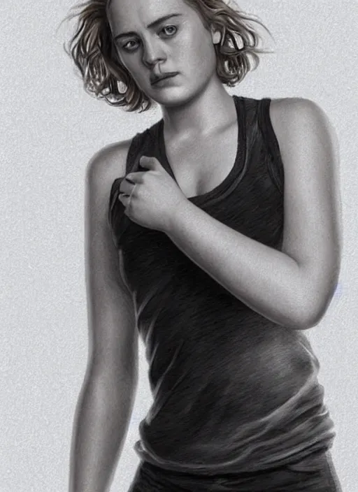 Image similar to full length photo of an similing Adele Haenel in a tanktop in the style of stefan kostic, full body, not realistic, sharp focus, 8k high definition, insanely detailed, intricate, elegant, art by stanley lau and artgerm