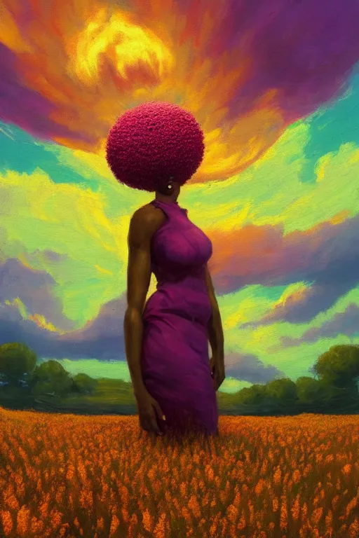 Prompt: closeup, giant flower as head, african woman in a heather field, surreal photography, golden hour, colorful clouds, impressionist painting, digital painting, artstation, simon stalenhag