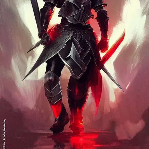 Image similar to Knight with black greatsword and black plate armour, one-eyed, emitting evil red aura, armor merging with body, full body shot, anime style, 90's modern art, art by artgerm and greg rutkowski and alphonse mucha