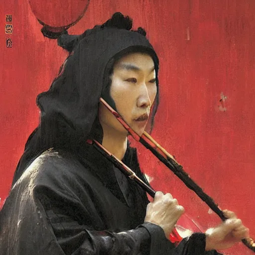 Image similar to a chinese warrior in black robes with red elements playing flute, beautiful composition, by ruan jia and wlop