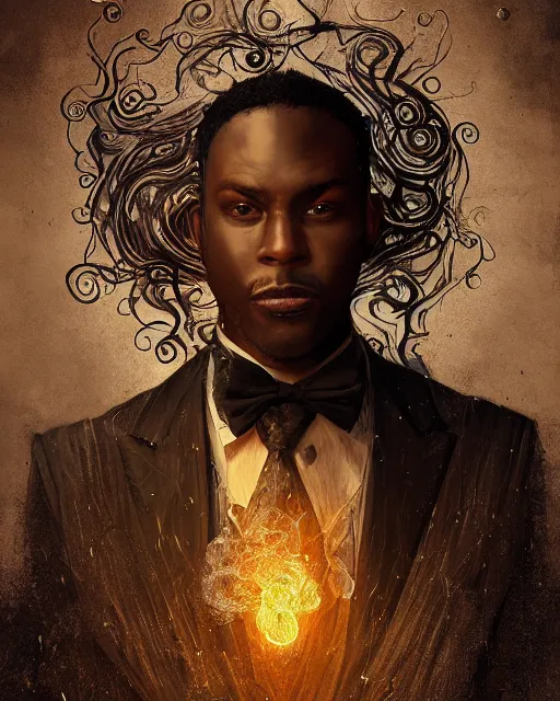 Image similar to a highly detailed portrait of black male magician radiating a powerful energy aura, ornate back tuxedo, wispy tendrils of smoke, intricate, digital painting, old english, raining, sepia, particles floating, whimsical background by marc simonetti, artwork by liam wong