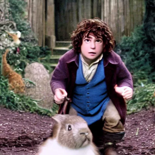 Image similar to a british lad as Bartook a teen hobbit with short curly dark brown hair wearing a blue vest with a white sash standing next to a giant rabbit, high resolution film still, movie by Peter Jackson