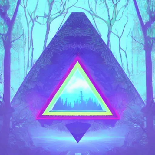 Image similar to a portal in the forest in the shape of a triangle that leads to a psychedelic vapor wave alternate universe, 8k, trees, path