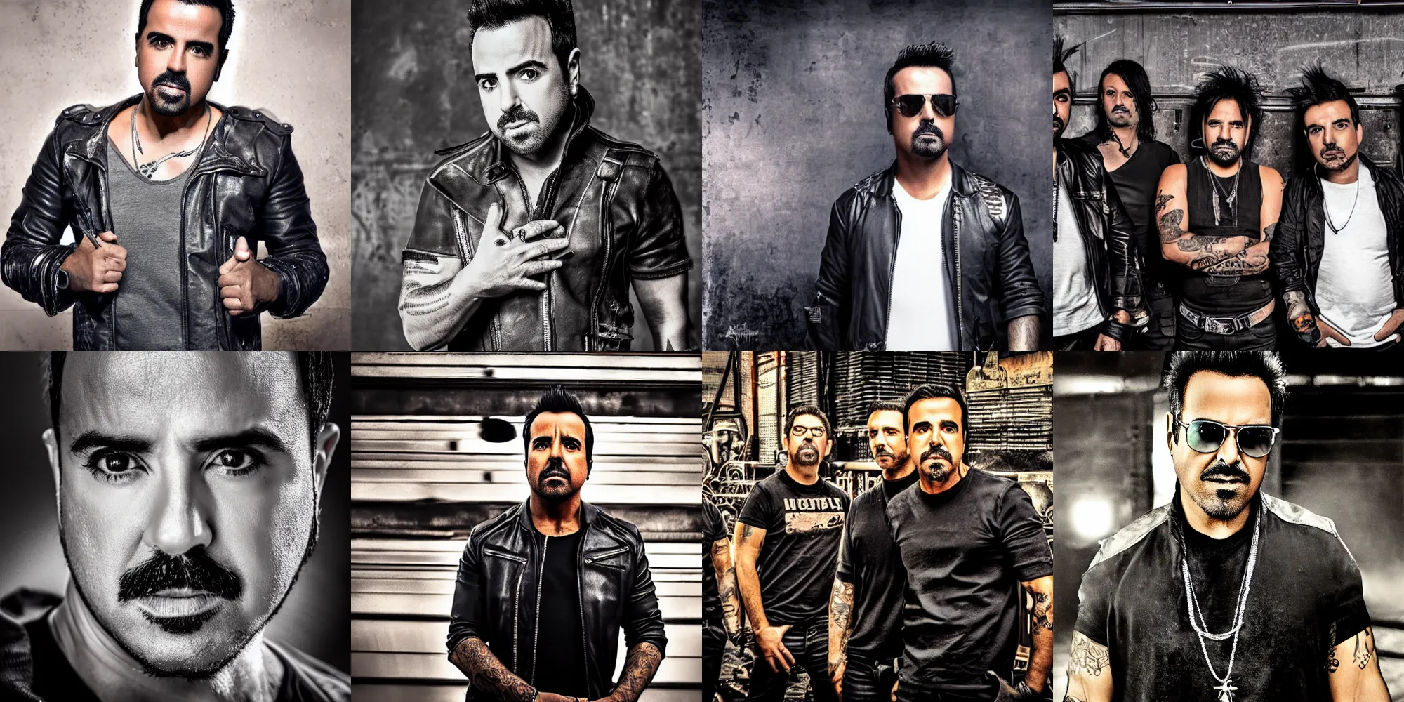 Prompt: Luis Fonsi in an Industrial Metal band, hdr, award-winning photograph
