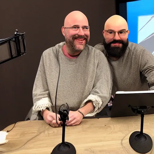 Prompt: two bald bearded men recording a podcast in the medieval times