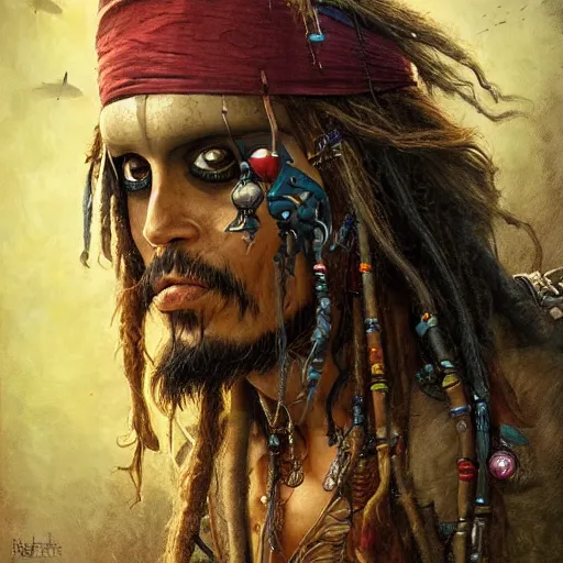 Image similar to a hyperrealistic illustration of Captain Jack Sparrow as Davy Jones, Pirates of the Caribbean Ship with fractal sunlight, award-winning, masterpiece, in the style of Tom Bagshaw, Cedric Peyravernay, Peter Mohrbacher