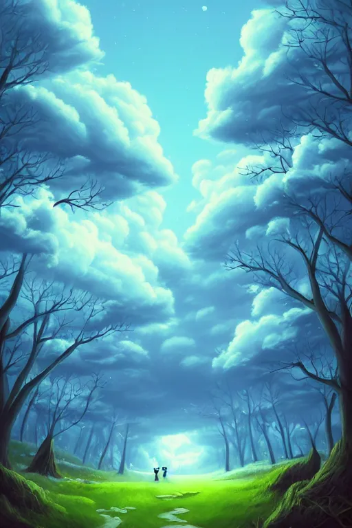 Image similar to A beautiful ultra detailed matte painting Moonlight woods near the water puffy clouds in sky vivid colors, by Cyril Rolando, David Wiesner, unreal engine, featured on artstation