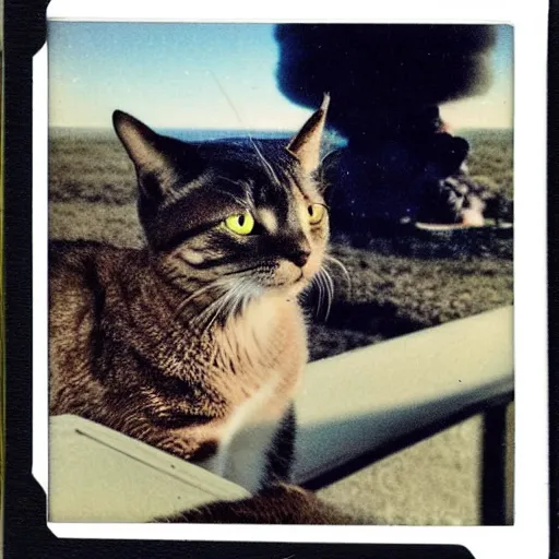 Prompt: A polaroid photo of a cat watching a mushroom cloud in the distance