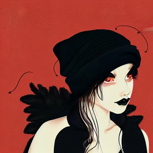 Image similar to illustration of a mixed woman with a septum piercing, short curly hair, winged eyeliner, black beanie, black bomber jacket, goth aesthetic, trending on artstation