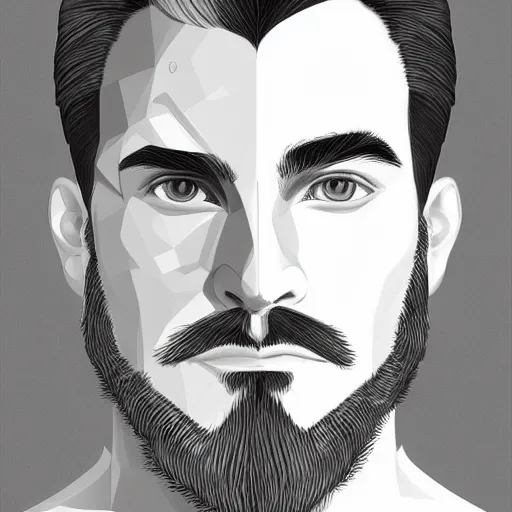 Prompt: symmetrical portrait from a man with a designer beard, Artstation