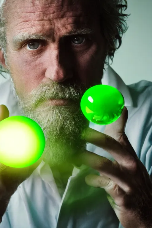 Prompt: a disheveled man holding a silver staph with a glowing green orb on top, high detailed, cinematic, shallow focus, soft light, back lit, rim light