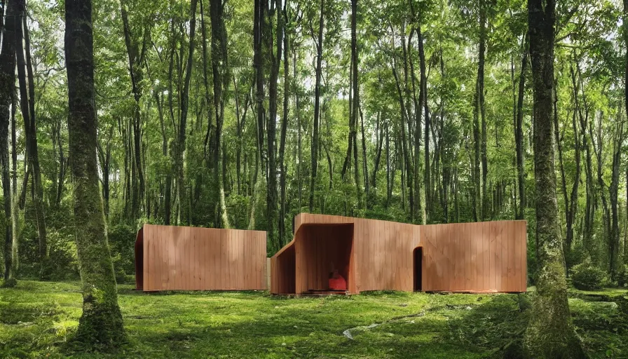 Image similar to A unique innovative and creative eco community of small affordable and contemporary creative cabins in a lush green forest with soft rounded corners and angles, 3D printed line texture, made of cement, connected by sidewalks, public space, and a park, Design and style by Zaha Hadid, Wes Anderson and Gucci