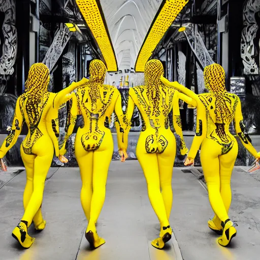 Prompt: love, diverse yellow cybersuits, from behind, connection rituals, wide wide angle, vivid, elaborate, highly detailed, beautiful lighting