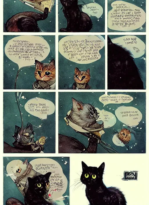 Image similar to a hyper realistic ink cat in a spaaceship 6 panel comic by chiara bautista and norman rockwell and greg rutkowski weta studio, and lucasfilm