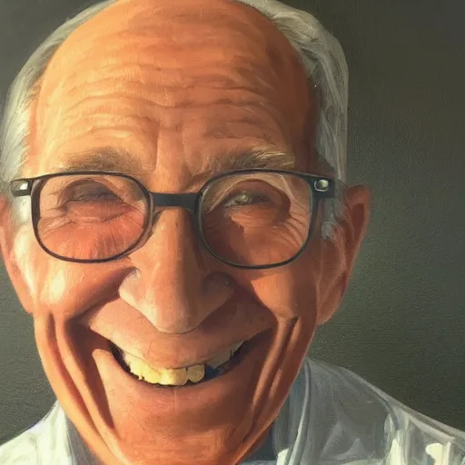 Image similar to painting of a smiling old man with dramatic lighting