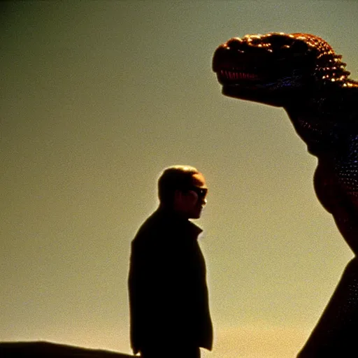 Prompt: movie scene of a man and a draconian humanoid on a space planet, reptil, reptilian, movie still, cinematic composition, cinematic light, criterion collection, reimagined by industrial light and magic, Movie by David Lynch and Ridley Scott