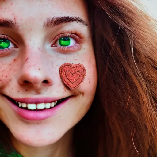 Prompt: beautiful hyperrealism hyperdetailed selfie of a cute young woman smiling softly, long light bronze brown hair, cute freckles, flushed face, red blush, small heart - shaped face, soft features, emerald green eyes, 8 k, sharp focus,