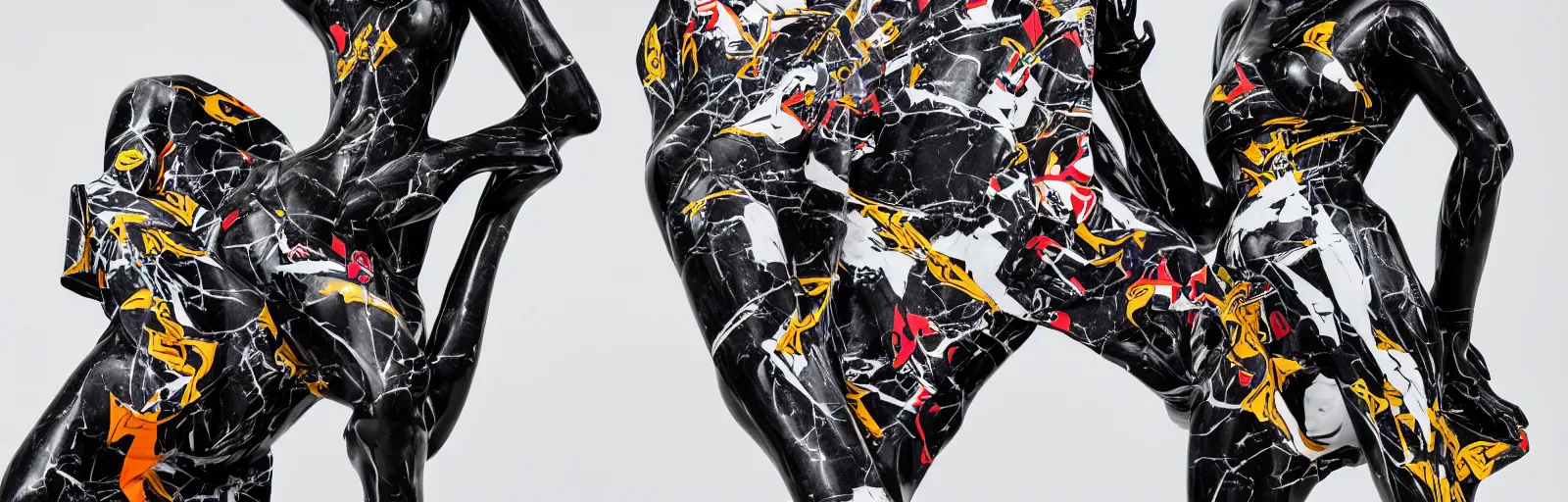 Image similar to black marble statue of a beautiful woman with colorful motocross logos in the style of virgil abloh, very very beautiful, detailed, off white, heron preston, 8 k, 4 k, detailed, beautiful, symmetrical, vogue, editorial, fashion, magazine, museum lighting, museum, gallery