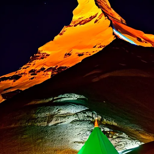 Image similar to a photo at nighttime of a powerful llumination of the matterhorn in the colors of indian flag, orange top, white middle, green base. projected illuminated on the matterhorn mountain at night