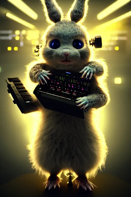 Image similar to high quality 3 d render very cute fluffy cyborg!! rat plays keyboard, cyberpunk highly detailed, unreal engine cinematic smooth, in the style of blade runner & detective pikachu, hannah yata charlie immer, moody light, low angle, uhd 8 k, sharp focus