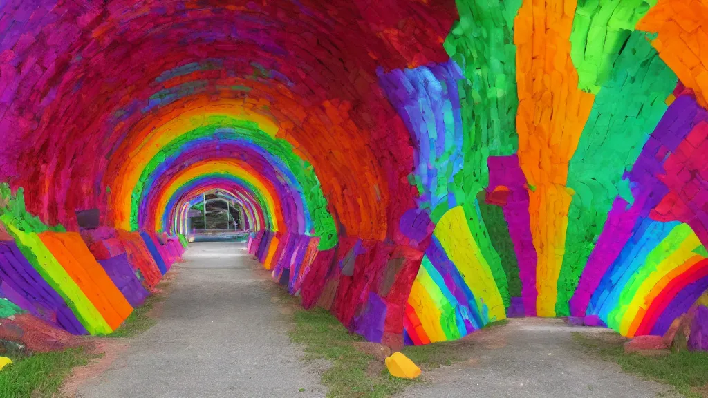 Prompt: A tunnel made out of hearts, rainbow color scheme