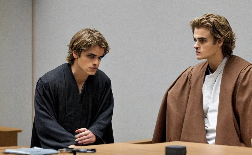 Image similar to anakin skywalker played by hayden christensen in jedi robes talking to saul goodman in a suit in court, us court, better call saul scene 1 0 8 0 p, court session images, realistic faces