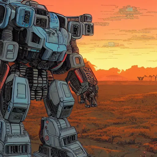 Prompt: hyper detailed comic illustration of a giant mechwarrior robot and the sunset in the distance, by Josan Gonzalez and Geof Darrow, highly detailed, 8k wallpaper