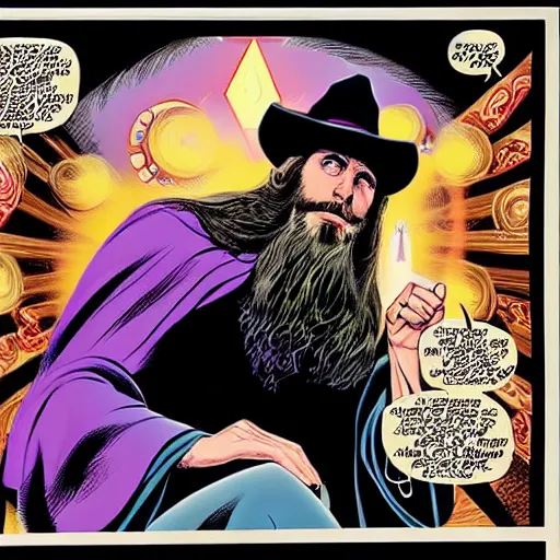 Prompt: a psychedelic wizard with a long beard and a fedora wizard hat, highly detailed comic book art by jack kirby, alex ross, 8 k