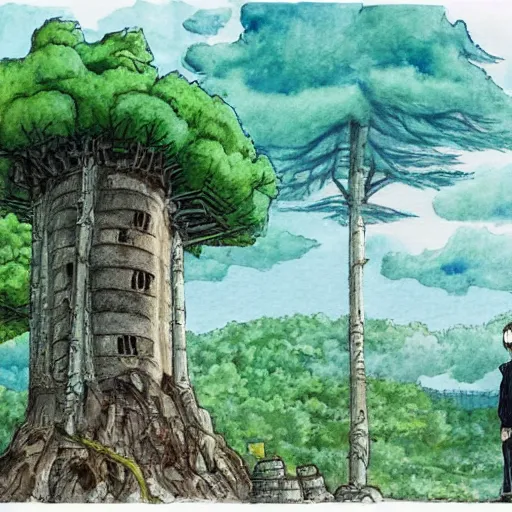 Image similar to laputa castle in the sky robot hayao miyazaki stands in a small clearing among trees, watercolor illustration for a book