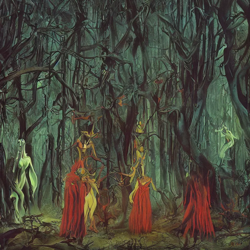 Image similar to a scene of an opening in a dark fantasy forest with colored fantastical beings. dark black surroundings. hyperrealist illustration. muted colors. 1 9 7 0's science fiction and fantasy cartoon. richly colored painting by don ivan punchatz.