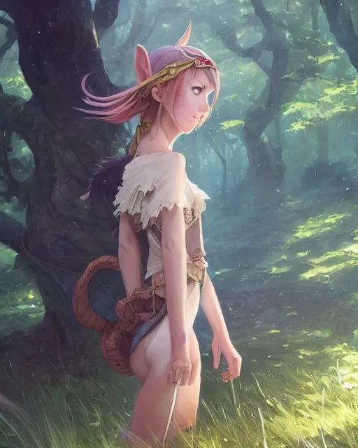 Image similar to an elven girl with a big skunk tail standing in the forest, atmospheric lighting. By Makoto Shinkai, Stanley Artgerm Lau, WLOP, Rossdraws, James Jean, Andrei Riabovitchev, Marc Simonetti, krenz cushart, Sakimichan, D&D trending on ArtStation, digital art.