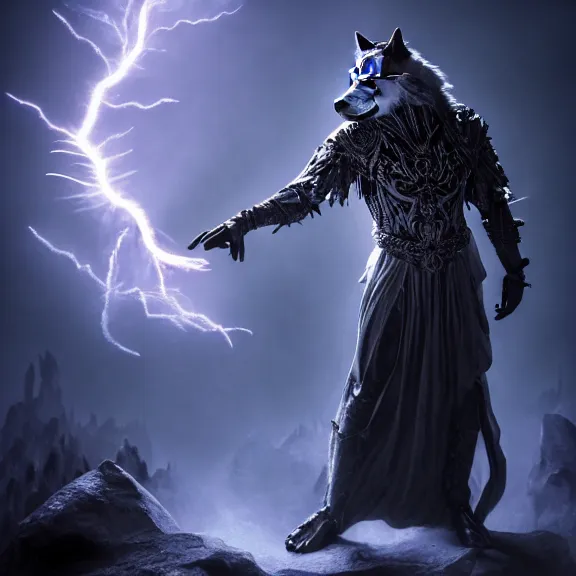 Prompt: magic humanoid strong wolf sorcerer casting a powerful arcane magic spell, fire, ice, lightning, fantasy, occult, mystical, majestic pose, medium shot, dramatic lighting, cinematic scene, frank frazetta, visually stunning, sharp focus, highly detailed, colorful, trending on artstation, unreal engine, octane render, cgsociety, artgerm, award - winning