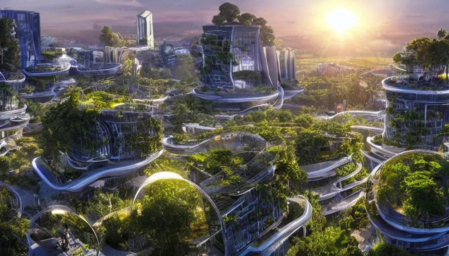 Sunrise over solarpunk city, vines, many trees and, Stable Diffusion