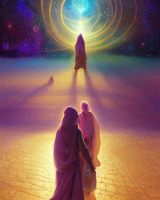 Image similar to bedouin man and woman and child in galaxy walking towards mosque surrounded by nebula, highly detailed, gold filigree, romantic storybook fantasy, soft cinematic lighting, award, disney concept art watercolor illustration by mandy jurgens and alphonse mucha and alena aenami, pastel color palette, featured on artstation