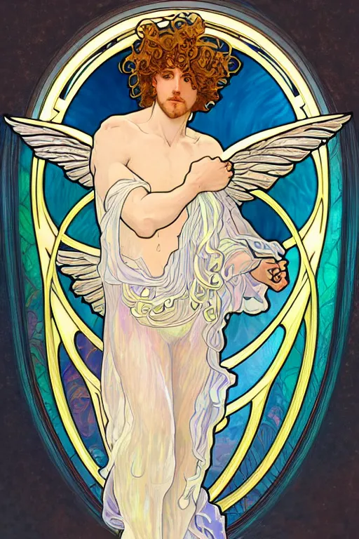 Image similar to full figure art nouveau window depicting a male angel with curly blond hairs, dressed with fluent clothes, majestic wings, luminous halo, by alfons mucha, d & d character, gradient white to gold, in front of an iridescent background, highly detailed portrait, digital painting, artstation, concept art, smooth, sharp focus, illustration, artstation hq