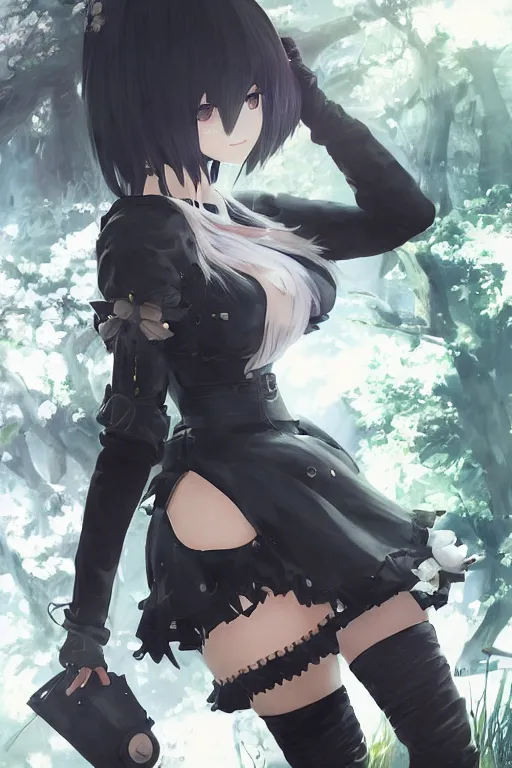 Image similar to beautiful portrait of 2B from nier automata, forest, junkyard, pretty, semi realistic anime, hyper detailed, 8k, DeviantArt, Instagram, Behance, Artstation, trending on artstation, Pixiv, Pixiv daily ranking, art of silverfox, Yee Chong Silverfox, Sydney Hanson, Mickael Lelièvre, Jaeyeon Nam, derevschikova, Elina Karimova