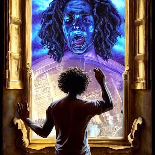 Image similar to a black man with long curly hair, with his back turned, looking at a victorian window, on deep sea, a big glowing letter K on the wall, + Cinematic Lighting + Deep Shadows + Hyper Realistic + Hyper Maximalist + Maximalist Composition + Intricate Details + Rendered in Octane + Trending on Artstation + Hall of Fame on Cgsociety + 8K portrait + 8k Post-Processing Highly Detailed + Rendered by Octane Engine + 8K Artstation 8k Detail Post Processing + Octane Render