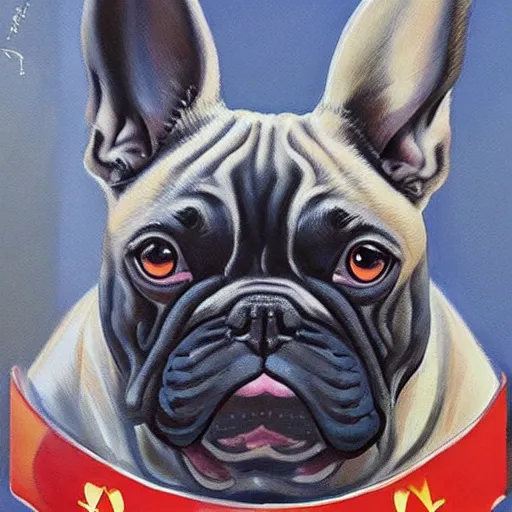 Image similar to a detailed and complex, highly detailed, concept art, soviet propaganda poster depicting a french bulldog. painting by irakli toidze