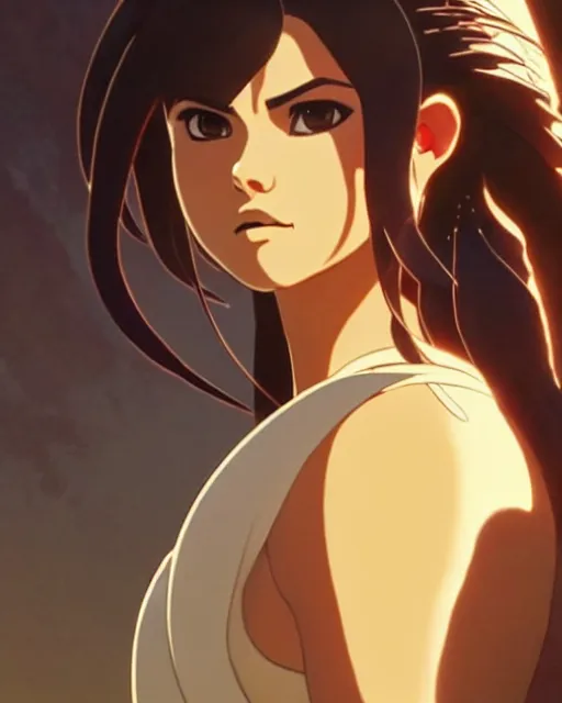 Image similar to selena gomez as an azctec warrior, detailed perfect face, exquisite details, fire magic, mid view, design on a white background, by studio muti, greg rutkowski makoto shinkai takashi takeuchi studio ghibli