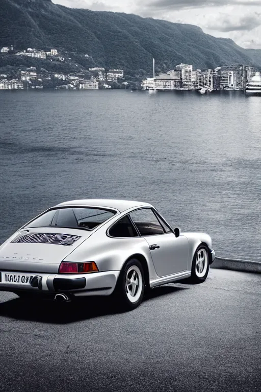 Image similar to Photo of a silver Porsche 911 Carrera 3.2 parked on a dock in Lake Como in the background, daylight, dramatic lighting, award winning, highly detailed, 1980s Versace ad, fashion photography, fine art print, best selling.