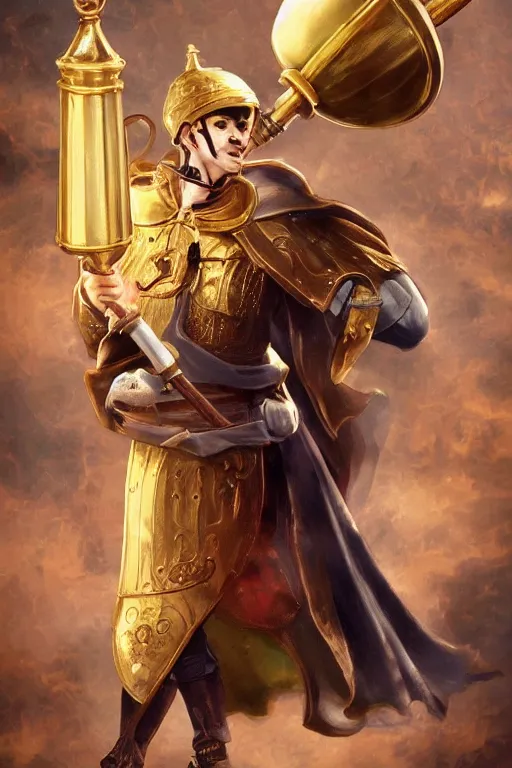 Prompt: Jacksepticeye is a holy crusader wielding a giant golden bell on a stick as his weapon