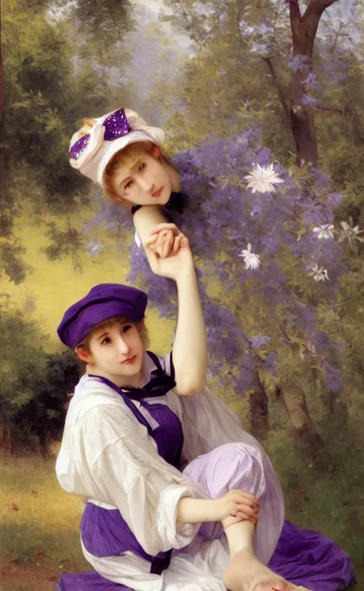 Prompt: A full body image of a cute magical girl with short blond hair wearing an oversized purple Beret, Baggy Purple overall shorts, Short Puffy pants made of silk, pointy jester shoes, a big billowy scarf, Golden Ribbon, and white leggings Covered in stars. Short Hair. Sunlit. Haute Couture. Art by william-adolphe bouguereau and Paul Delaroche and Alexandre Cabanel and Lawrence Alma-Tadema and Johannes Helgeson and WLOP. Smooth. Elegant. Highly Detailed. Intricate. Surrounded by clouds. 4K. UHD. Denoise.