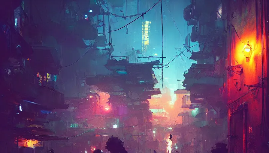 Prompt: an alley of a futuristic city at night by craig mullins and ismail inceoglu, atmospheric, vivid, neon, masterpiece, bokeh