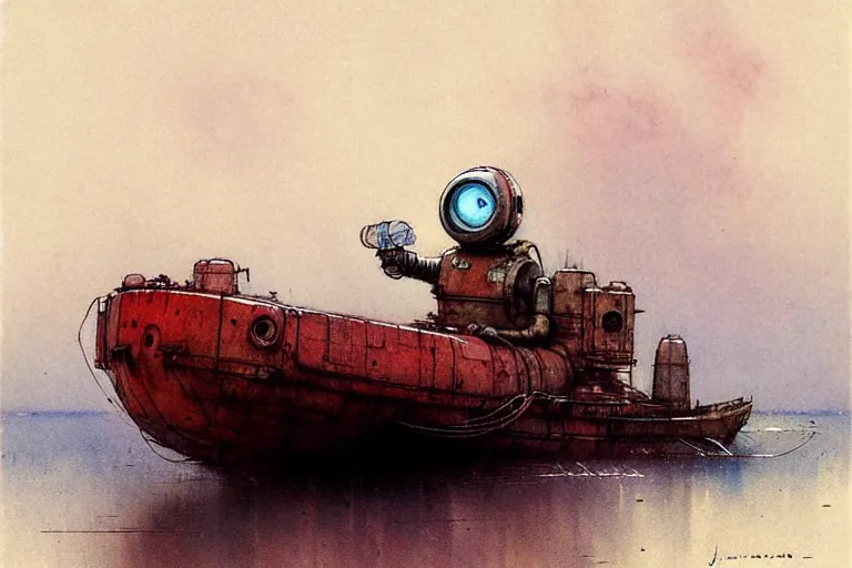 Image similar to adventurer ( ( ( ( ( 1 9 5 0 s retro future robot android mouse house boat tug boat calm stream. muted colors. ) ) ) ) ) by jean baptiste monge!!!!!!!!!!!!!!!!!!!!!!!!! chrome red