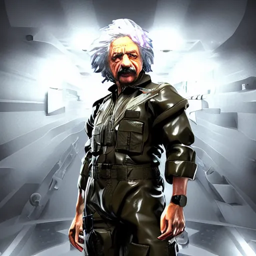 Prompt: Albert Einstein as a Metal Gear Solid Villain 2005 JRPG cinema 4d render, Ray tracing reflection, natural lighting, Unreal Engine award winning photography