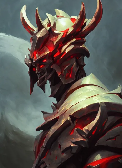 Image similar to Greg Manchess portrait painting of a demonic, devil armored character from league of legends, full shot, asymmetrical, splashscreen, Organic Painting, sunny day, Matte Painting, bold shapes, hard edges, cybernetic, street art, trending on artstation, by Huang Guangjian and Gil Elvgren and Sachin Teng