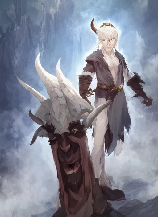 Image similar to concept art painting of a hybrid goat person with brown skin and short white hair, demon horns, elf ears, blue tunic and robes, detailed, d & d style, cel shaded, in the style of ruan jia and artgerm and makoto shinkai and james gurney