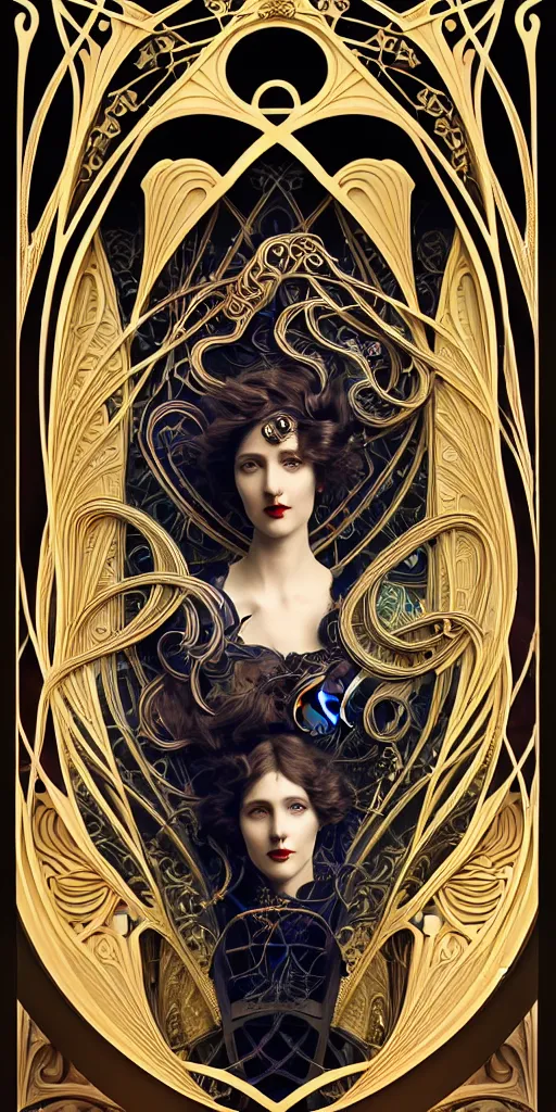 Prompt: the source of future growth dramatic, elaborate emotive Art Nouveau styles to emphasise beauty as a transcendental, seamless pattern, symmetrical, large motifs, 8k image, supersharp, medallions, iridescent black and rainbow colors with gold accents, perfect symmetry, pearlescent, High Definition, sci-fi, Octane render in Maya and Houdini, light, shadows, reflections, photorealistic, masterpiece, smooth gradients, high contrast, 3D, no blur, sharp focus, photorealistic, insanely detailed and intricate, cinematic lighting, Octane render, epic scene, 8K