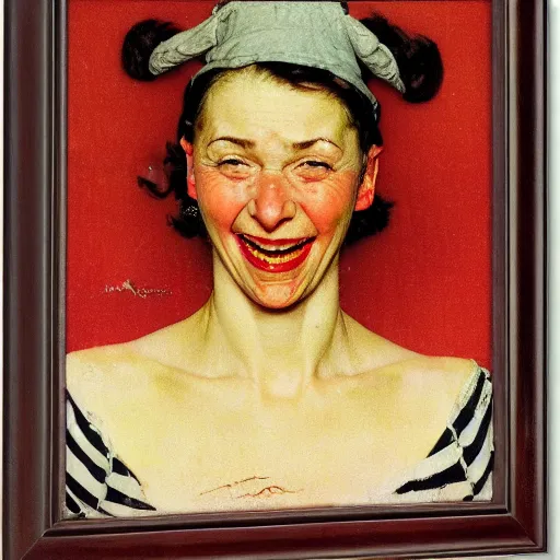 Prompt: Frontal portrait of a woman so happy that her face hurts. A painting by Norman Rockwell.