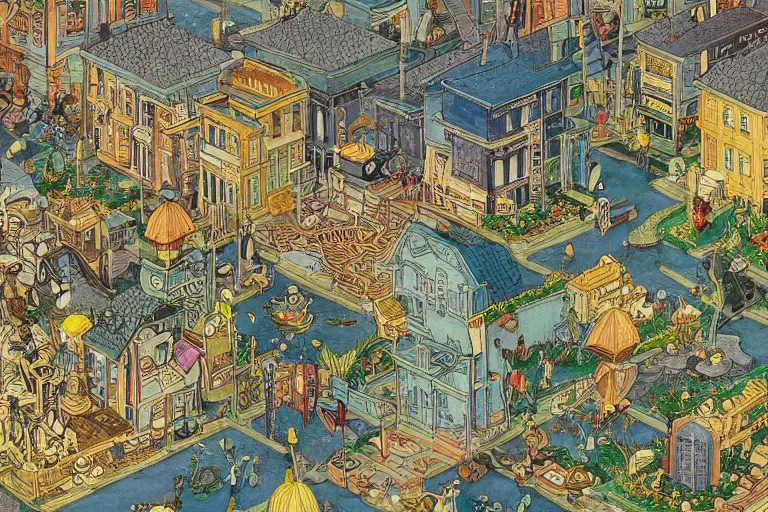 Image similar to an elaborate and dense painting of a peaceful neighborhood in tron, detailed, made of alcohol ink on parchment and penned illustrations, by wes anderson and geoff darrow
